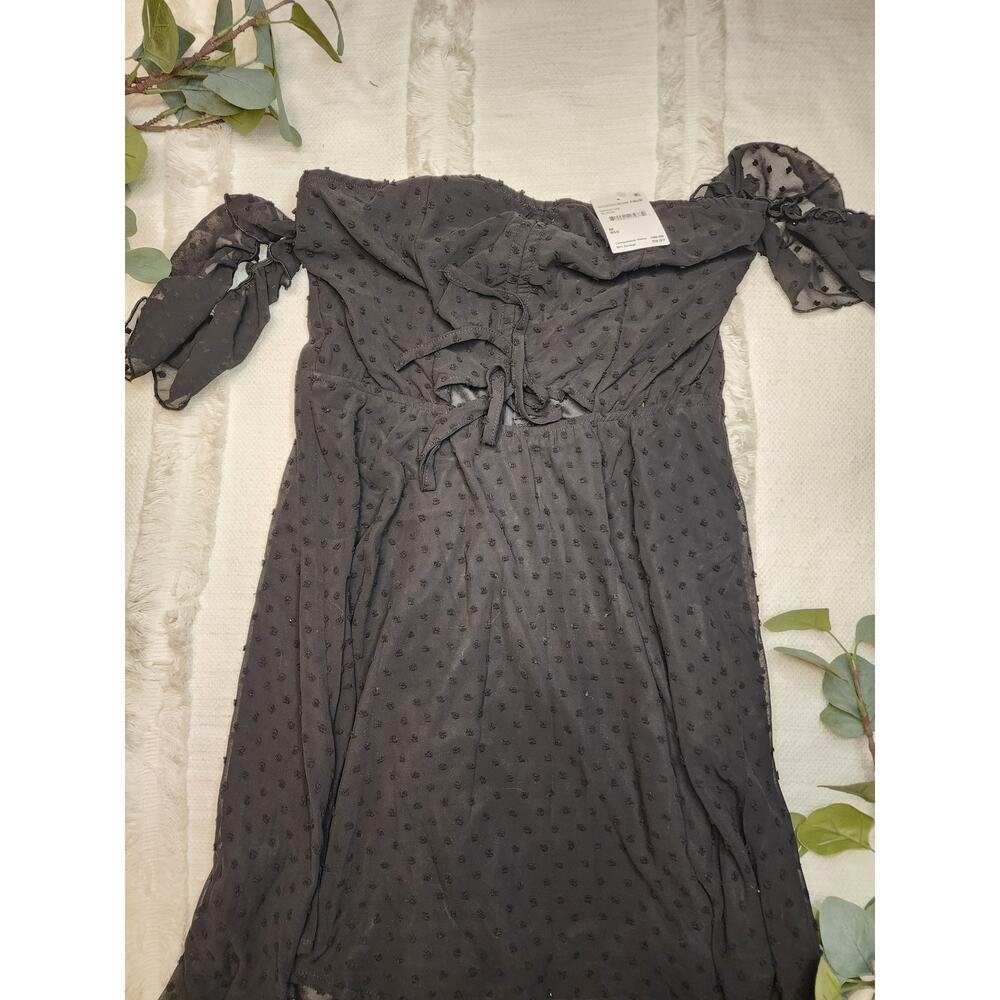 Area Stars off the Shoulder Ruffle Dot Print Dress in Black
